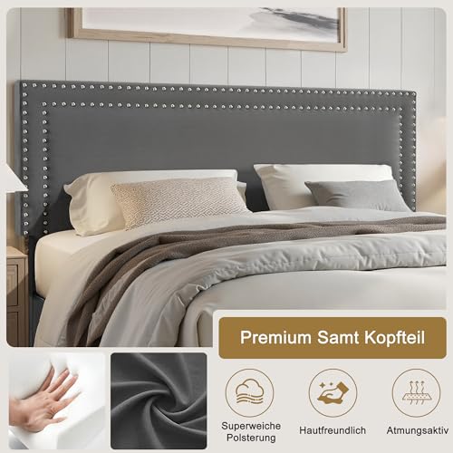 VECELO Polsterbett 140 x 200 cm Doppelbett Bettrahmen mit Höhenverstellbarem Kopfteil, Gepolstertes Bettgestell mit Lattenrost, Samtbezug, für Erwachsene & Jugendliche, Ohne Matratze, Grau