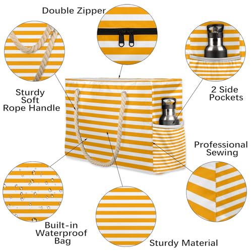 Orange Striped Tote Beach Bag for Women with Zipper Large Waterproof Sandproof Swim Pool Bag3