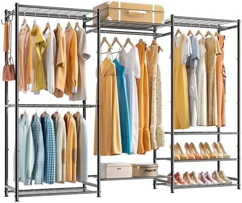 Wardrobe Closet Heavy Duty Clothes Rack, Portable Closet Organizer System with 4 Hang Rods & 8 Shelves, Metal Clothing Rack Garment Rack for Hanging Clothes, Max Load 890 LBS