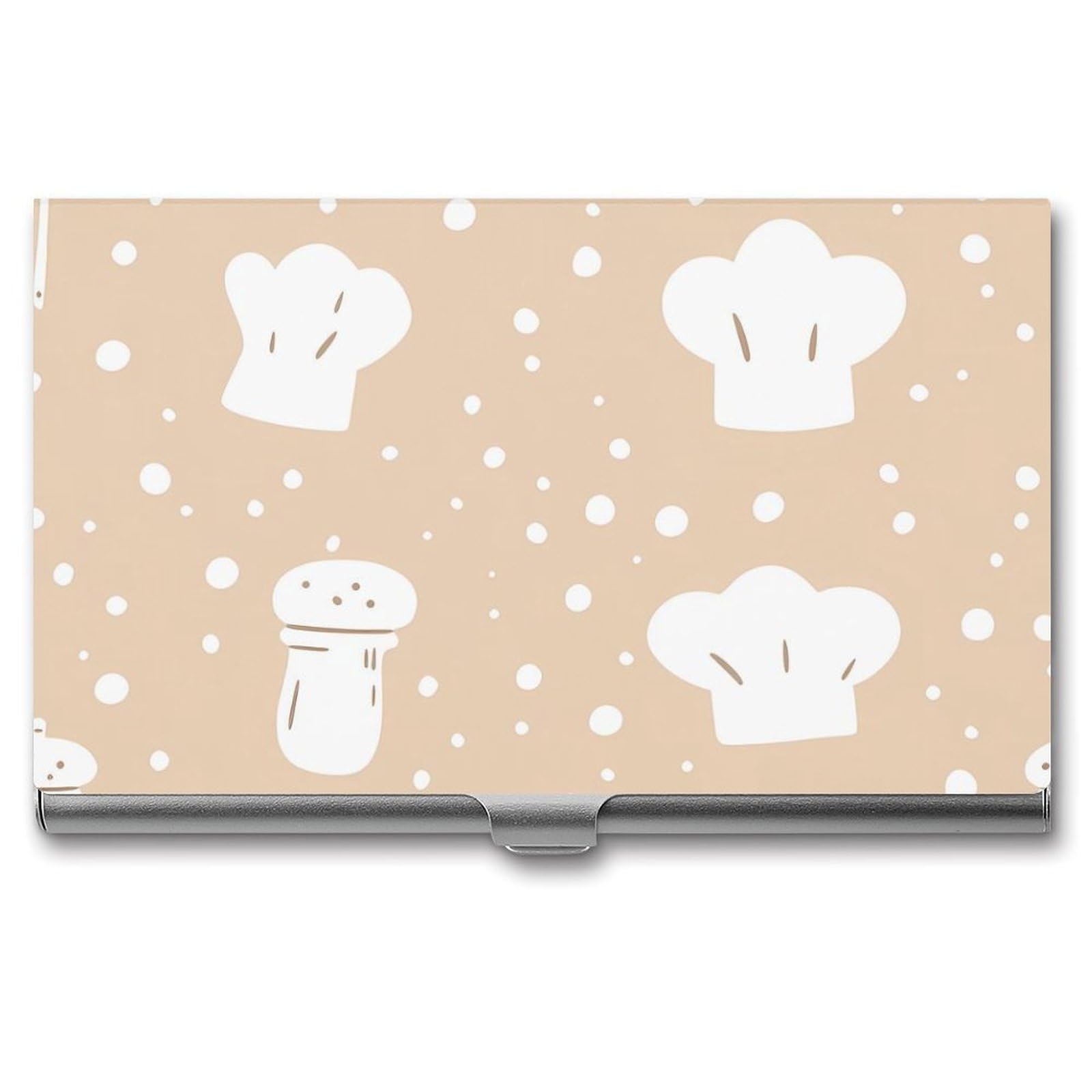 Chef Hat Egg Beater Pepper Shaker Slim Business Card Holder Wallet for Men & Women Pocket Metal Case 3.7x2.2x0.3 Inches