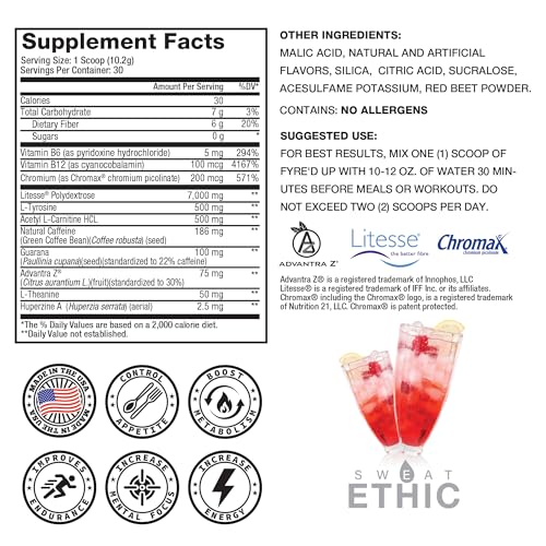 Image of Sweat Ethic FYRE'D UP, 200MG Natural Caffeine, Supports Active Lifestyle & Dietary Control, Easy-Mix Powder for Pre Workout Energy, Raspberry Lemonade Flavor, 30 Srvgs