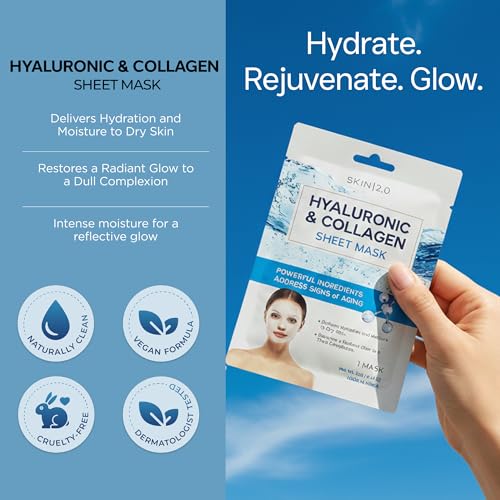 Image of Skin 2.0 Hyaluronic Acid & Collagen Sheet Mask - Hydrating, Anti-Aging, Firming - Dermatologist Tested Korean Skincare - Clean Beauty, Natural Ingredients, Cruelty-Free, All Skin Types - 10 Count