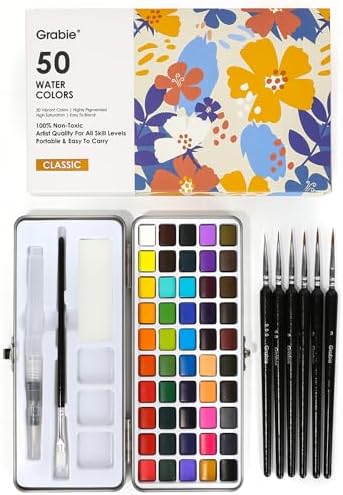 Grabie 50 Colors Watercolor Paint Set, Detail Paint Brush Included, Watercolor Paints, Painting Sets, Art Supplies for Painting, Travel Watercolor Set, Amateur Hobbyists