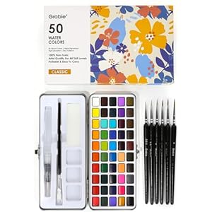 Grabie 50 Colors Watercolor Paint Set, Detail Paint Brush Included, Watercolor Paints, Painting Sets, Art Supplies for Painting, Travel Watercolor Set, Amateur Hobbyists