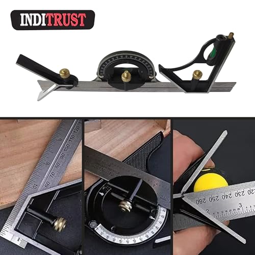 Image of Inditrust 12 inch 300mm Sprit Level Combination Square with GLOVES Protractor Iron Cast Tri- Square Angle Ruler Machinist Measuring Tool Set - Multicolor