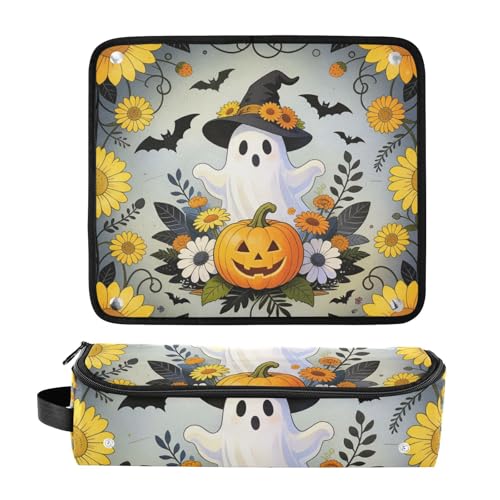Bolsa de viaje para herramientas de cabello para mujer con almohadilla resistente al calor, portátil para plancha y accesorios de cuidado capilar, accesorios de Halloween con fantasmas, sombrero de bruja y calabaza miniatura 3