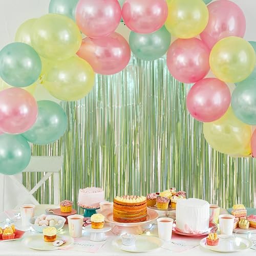 Image of Voircoloria 2 Pack Sage Green Foil Fringe Backdrop Curtains, Tinsel Streamers Party Decorations, Fringe Backdrop, Door Shimmer for Baby Shower or Birthday Party