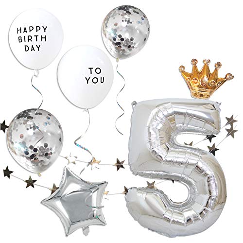 deerzon 誕生日 飾り付け 数字 バルーン セット シルバー 男の子 女の子 巨大 風船 バースデー ガーランド (数字「5」)