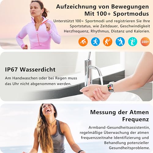 Popglory Smartwatch mit Telefonfunktion, Fitnesstracker 2 Zoll Touch-Farbdisplay,Blutdruckmessung Herzfrequenz Schlafmonitor SpO2, Sportuhr IPx8 Wasserdicht Schrittzähler für Damen Herren