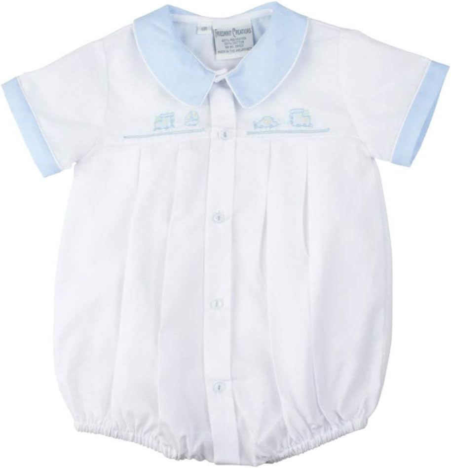Feltman Brothers White & Blue Boys Embroidered Train Creeper- Preemie