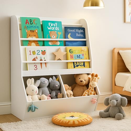 Image of UTEX Kids Bookshelf and Toy Storage Cabinet, Kids Toy Storage Organizer and Bookcase with Cubby, Toddler Bookshelves Display Stand, Baby Book Rack for 3 Age+, White