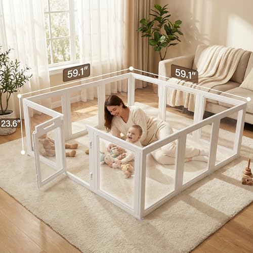 Image of Clear Acrylic Baby Playpen with Gate, Play Pen for Babies and Toddlers, DIY Shape, 59 inchx59 inch Indoor See-Through Baby Fence Playard, 12 Pannels
