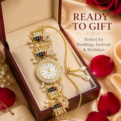 Image of Kashmiri Gold Plated Elephant Charm Bracelet Watch for Women & Girls | Adjustable Chain Analog Jewellery with Crystal & Pearl Studded Ethnic Design for Festive, Wedding, Party & Gift
