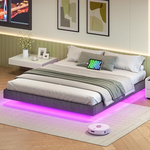 HOOBRO Marco de Cama Tapizado de 180 x 200 cm, Somier con Almacenamiento Debajo de la Cama, con Estación de Carga y Tira LED Ajustable, 1 Puerto USB-A y 1 Puerto Tipo-C, Gris Oscuro EGYZ014CDBF01