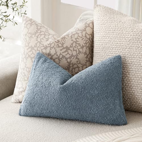 Image of Foindtower Pack of 2 Textured Boucle Throw Pillow Covers Accent Solid Decorative Lumbar Pillow Cases Cozy Couch Cushion Case for Chair Sofa Bedroom Living Room Home Decor 12x20 Inch Misty Blue