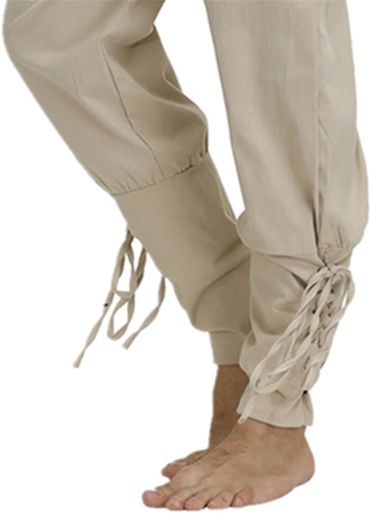 Men's Pirate Pants Cotton Trouser Medieval Costume Leg Lace Up Linen Pants