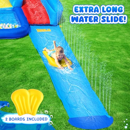 Water Bounce House Double Slide for Kids 3-12, Extra Large Inflatable Bouncy Castle with Long Slide, 550W Air Blower, Ball Pit, Swim Pool, Climbing, Bouncy House for Party Birthday Event