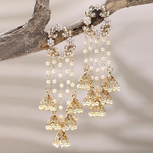 Image of Zeneme Earring Gold Plated Beaded Handcrafted Bahubali Inspired Devsena Jhumka Fringed Dangle Jewellery For Girl And Women