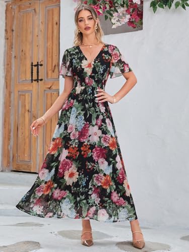 Image of Simplee Women's Boho Floral Maxi Dress Flowy Casual V Neck Short Sleeve Wedding Guest Holiday Beach Long Dress