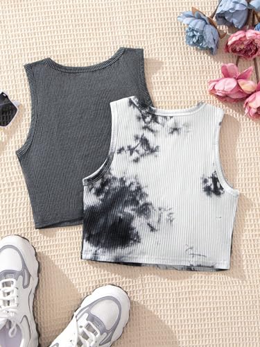 Milumia Girl's 2 Piece Tie Dye Ribbed Knit Round Neck Tank Top Sleeveless Summer Crop Tops2