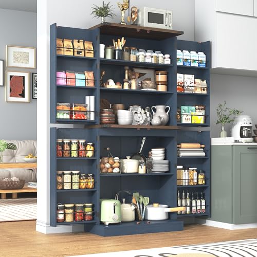 71' Tall Kitchen Pantry Cabinet, Farmhouse Tall Kitchen Storage Cabinet with Adjustable Shelves & 4 Barn Style Doors, Wooden Storage Cabinet for Kitchen, Dining Room, Living Room, Bathroom, Office