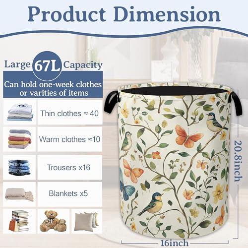 Image of Bird Butterfly Laundry Basket,Oxford Cloth Vintage Nature Laundry Hamper With Handle Foldable Portable Clothes Storage Basket for Laundry Room /Bedroom /Bathroom 20.8 inchx16 inch
