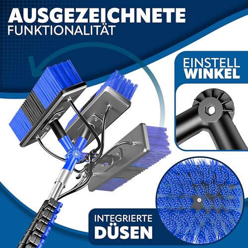 MASKO® Teleskop Waschbürste mit Wasseranschluss 9,1m Reinigungsbürste mit Teleskopstiel Ausziehbar | Teleskopbesen | Fenster & PV-Anlagen-Reinigung | Weiche Borsten Inkl. Seifenspender & Handschuhe