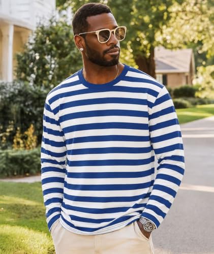 Image of KESIHAN Mens Striped Long Sleeve Shirt Crewneck Casual Basic Stripe Tee | Crewneck long sleeve striped tee with cotton spandex fabric,casual regular fit basic style for daily wear and layering.