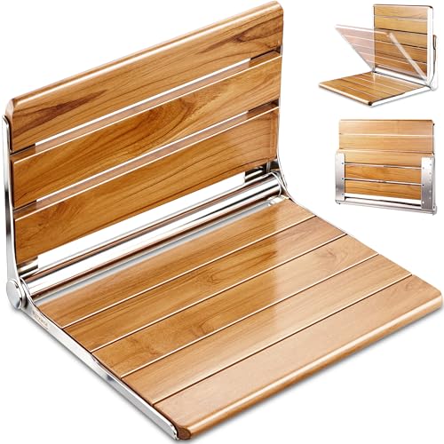 [Upgraded Version] 20' Folding Teak Shower Seat Wall Mounted- Shower Bench for Inside Shower, ADA...