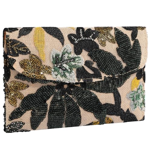 XquiziFit Floral Beaded Clutch Embroidery Sequin Beaded Purse Small Evening Clutch Purses for Women Black Clutch Clutch