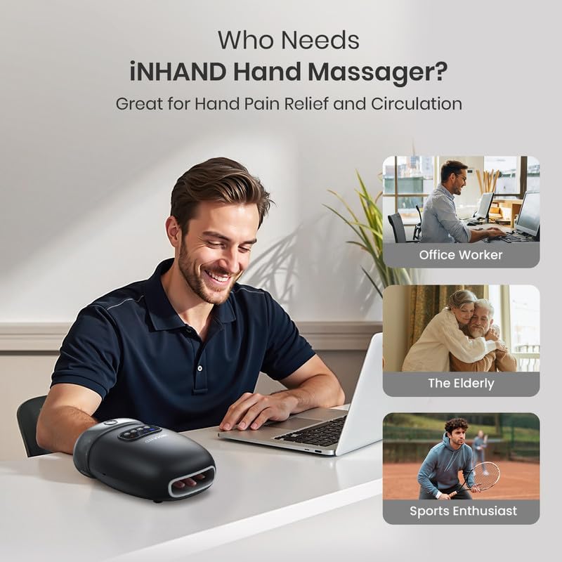 inhand Hand Massager with Heat and Compression Acupressure Beads for Pain Relief and Carpal Tunnel Cordless Hand held Massager Finger Wrist and Palm Massager Gifts for Mom Dad Black Knight