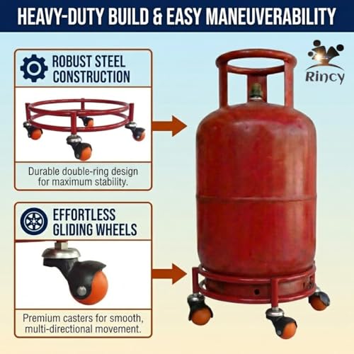Image of Rincy Pack Of 2 Red Colour Heavy Iron LPG Gas Cylinder Trolley - Red Heavy-Duty Cylinder Stand with 4 Wheels Heavy duty Ideal LPG Cylinder gas trolley