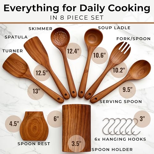 Image of Wooden Utensil Set 8 Pcs - Sturdy & Easy to Clean, Natural Teak Wooden Spoons for Cooking - Non-Scratch Cooking Utensils with Spatula, Turner, Ladle, Spoons, Skimmer, Holder, Spoon Rest & 6 Hooks