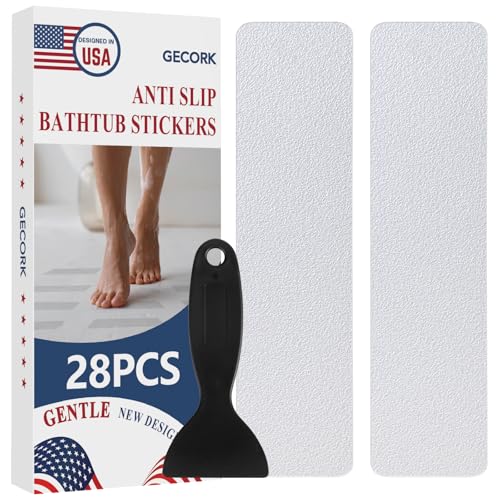 Gecork 28 PCS Shower Floor Non Slip Stickers with Strong Adhesive, Invisible & Durable Anti Slip Shower Stickers with Scraper for Bath Tub, Pools and Stairs(Clear,Wide Rectangle)