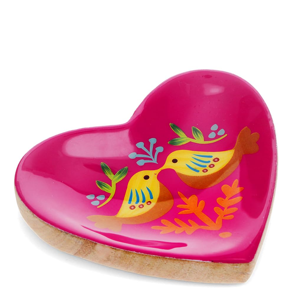 Rex London Pink Wooden Heart-Shaped Trinket Dish - Birds