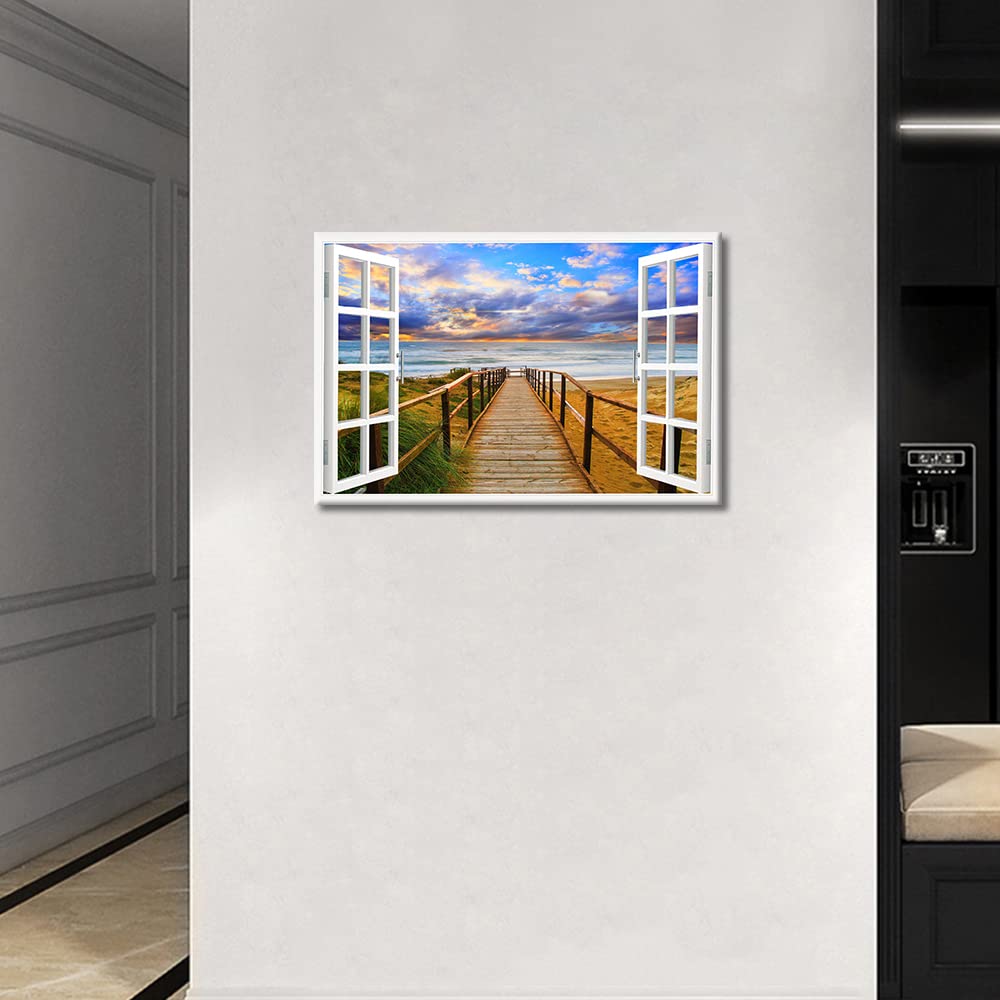 Canvas Wall Art The Pier Leading to the Coast Landscape Wall Painting Window View Modern Artwork Natural Scenery Pictures Home Decorations for Living Room and Bathroom Framed Ready to Hang (24"Wx16"H) - Image 3
