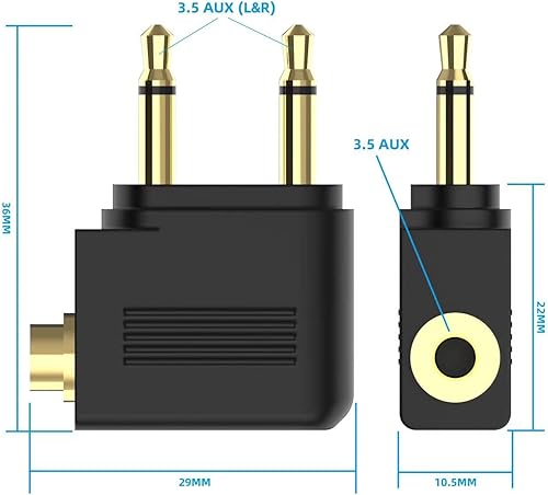 Miniatura 8 de Adaptador de auriculares de avión, adaptador de auriculares de vuelo de 0.138 in, conector de auriculares dual chapado en oro, dos conectores de