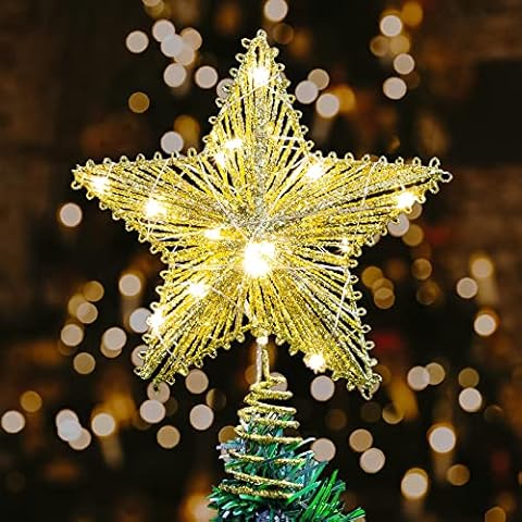 Impress Life 7 Inch Bethlehem Glitter Gold Star Christmas Tree Topper with 8H Timer, 20 LEDs Warm White Lights, Battery Powered with Timer for Xmas Ornaments Holiday Party Decor Cover