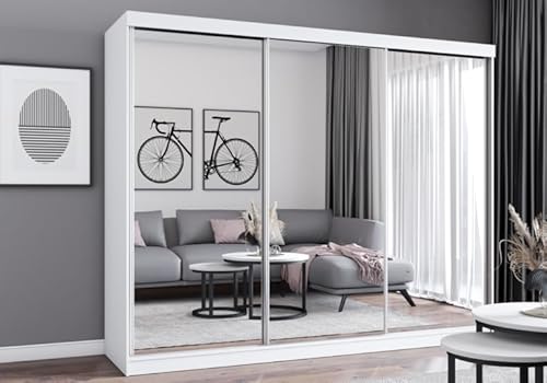 Easy4You MN Weiß Schiebetürenschrank Kleiderschrank 250x215x62 cm mit Spiegel - Schlafzimmermöbel, Aufbewahrung – Mehrzweckschrank mit 3 Kleiderstangen und 3 Schubladen