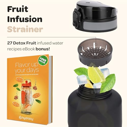 Image of Hydracy Water Bottle with Time Marker -Large Half Gallon 64oz BPA Free Bottle & No Sweat Sleeve -Leak Proof Gym Bottle with Fruit Infuser Strainer & Times to Drink -Ideal Gift for Sports & Outdoors