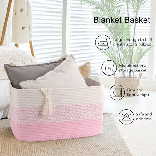 Image of OIAHOMY Large Blanket Basket, 22 inchx17 inchx12 inch Rectangle Woven Baskets, Nursery Blanket Storage Living Room, Toy Storage With Handle, Large Baskets for Organizing - Pink /White