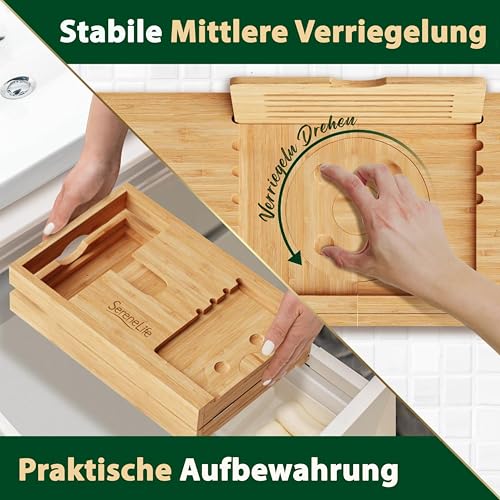 SereneLife Badewannenablage Holz – Bathtub Tray – Wasserdichte Badewannentisch als Badewannen Zubehör Wellness, Badewannen Tisch ausziehbar 70-105 cm, Badewannenauflage mit Getränkehalter & Buchstütze