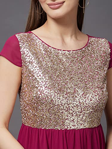 Image of Miss Chase Women's Round Neck Sleeve Embellished Fit Flare Maxi Dress