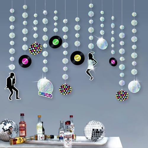 Disco Ball Garland 12pcs Iridescent Disco Party Garland 70s 80s 90s 2000s * Birthday Decoration Holographic Hanging Ball Disk Banner Streamer Backdrop Decor Disco Iridescent Party Decorations