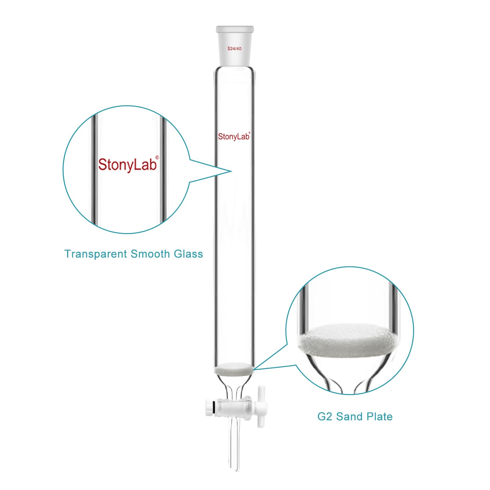 stonylab Colonna di Cromatografia, Diametro Interno 38 mm, Lunghezza Efficace 254 mm, Disco Sinterizzato G2, Giunto 24/40, Vetro Borosilicato Alto per Uso in Laboratorio