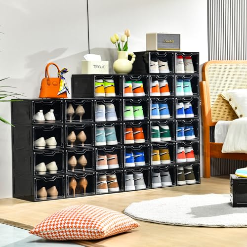 Image of Stebopum 12 Pack Shoe Boxes Organizer, Magnetic Door Shoe Storage Boxes, Clear Sneaker Storage Box for Women /Men, Fit up to US Size 12
