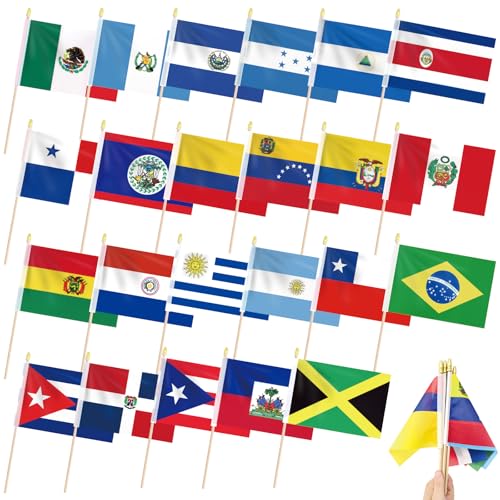 Pack of 23 Handheld Latin America Flags 5x8 Inch Mini Country Flags on Wooden Sticks with Gold Spear Tops Small Flags for Latino Heritage Month Parades Classrooms and Cultural Celebrations