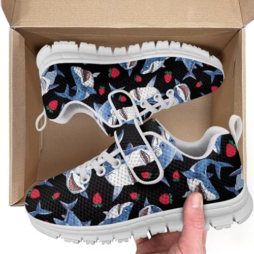 Kids Boys Girls Running Shoes Comfortable Lightweight Slip on Sneakers Athletic Tennis Shoes White Sole Shark Strawberry Pattern2