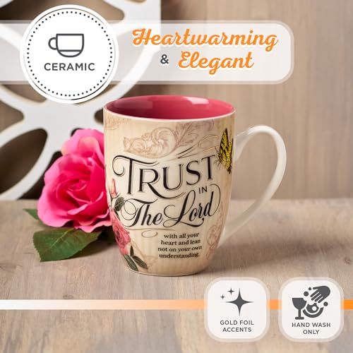 Christian Art Gifts Pink Rose Floral & Yellow Butterfly Ceramic Coffee Mug – 12 oz. Lead-free Inspirational Scripture Coffee and Tea Mug for Women with Bible Verse: Trust in the Lord - Proverbs 3:5 - Image 4
