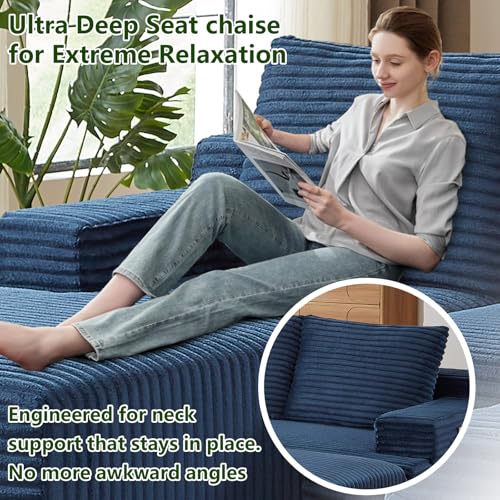 Image of 96 inch Modular Sectional Sofa, Modern Corduroy Cloud Couch, Boneless Couch Upholstered 3-Seater L-Shaped Sofa for Living Room, No Assembly Required (Blue, Left-Facing Chaise)